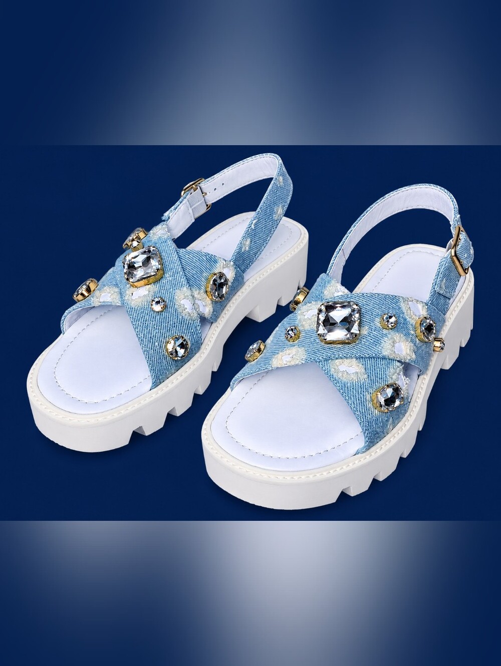 Jon Josef Alexandra White Jean embellished platform denim sandals